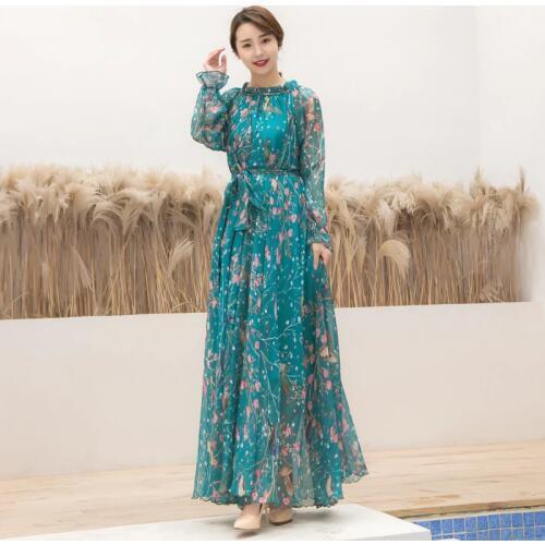 Plus Size Long Sleeve Bohemia Floral Beach Maxi Dress Summer Casual Loose Dresses Lightweight Sexy Chiffon bridesmaid Sundress