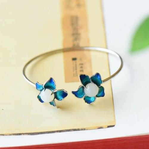 Ancient Style Bracelet Hanfu Retro Opening Silver Bracelet Female Ethnic Style Hetian Jade Sterling Silver Bracelet to Give Mom