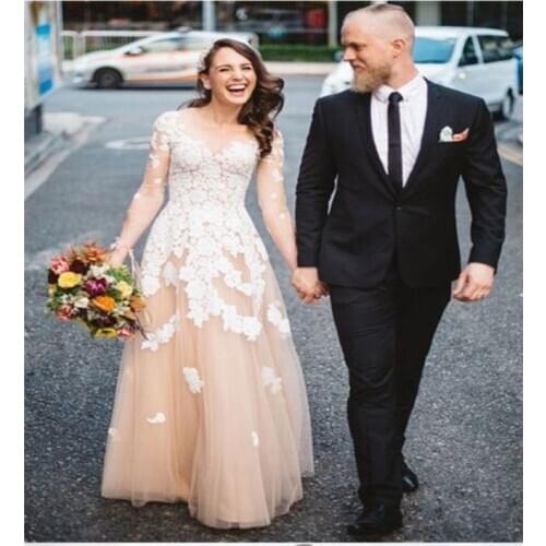 JIERUIZE Sheer Long Sleeve Wedding Dress Scoop Neck Bridal Gown A Line Tulle Lace Applique Lace Up Wedding Gowns