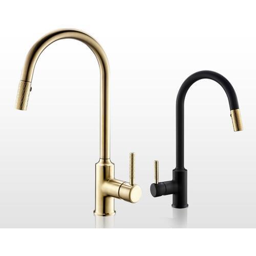 Brushed gold Kitchen Faucet Brass Sink Cold And Hot Mixer Tap Knurling Pull Out Taps Double Water Setting Mode