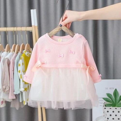 Menoea Kids Girls Dresses Bow Print Long Sleeve Baby Toddler Dresses Lace Childrens Princess Party Dress Clothes Vestidos 6-24M