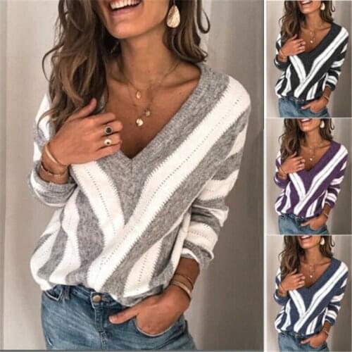 Fashion Women Autumn V Neck Striped Long Sleeve Sweater Casual Loose Knit Pullover Sexy Jumper Tops