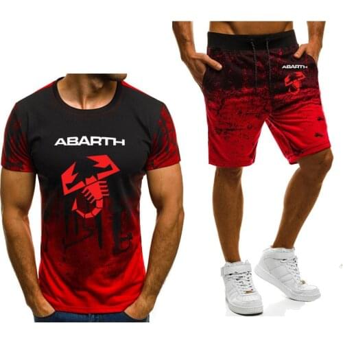 New 2021 Spring Mens suits Pullover Abarth Car Logo Printed ashion Casual Gradient High Quality Mens T-Shirt Pants Suit 2Pcs W