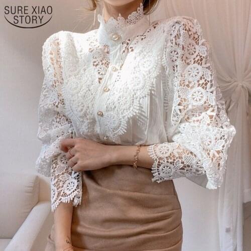 Chic Button Hollow Out Flower Lace Patchwork Shirt Stand Collar All-match Femme Blusas Petal Sleeve Women Blouses 12419