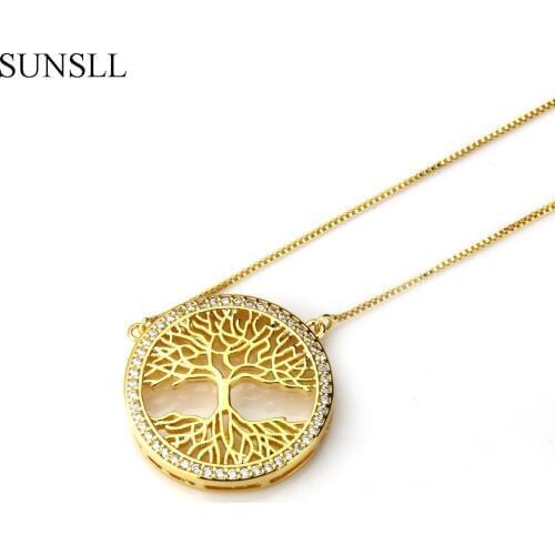 SUNSLL Gold Color Copper White Cubic Zirconia Life Tree Round Pendant Necklaces Womens Fashion Jewelry CZ Colar Feminina