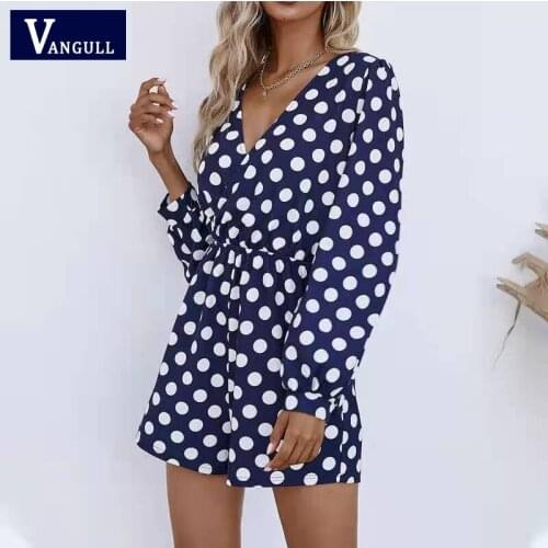Vangull Casual New Sexy V-neck Slim High Waist Polka Dot Elastic Waist And Long Sleeves 2021 Summer New Women Jumpsuit