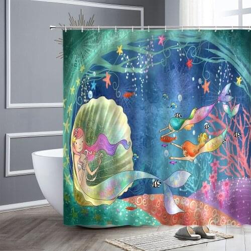Shower Curtain Cartoon Mermaid Ocean Tropical Fish Underwater World Children Bathroom Curtains Bathtub Decor Gift Bath Screen
