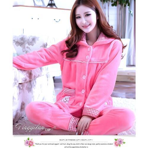 Lady Flannel Nightwear Women Long Sleeve Homewear Flannel Pajamas Girls Coral Velvet Sleepwear Cardigan Plus Size D-2110