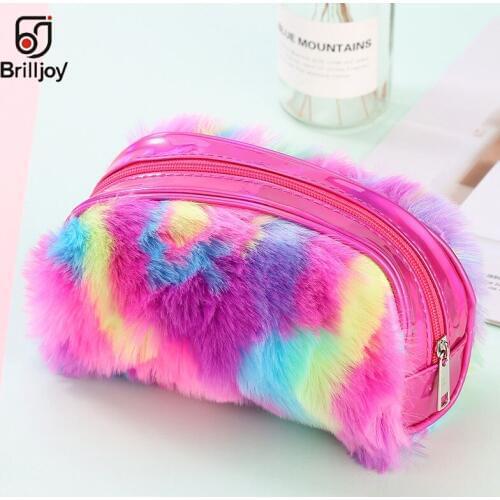 NEW Rainbow Fur Colorful Makeup Storage Cosmetic Bag Coin Purse Pencil Case For Women School Supplies Pen Pouch Stationery Gift