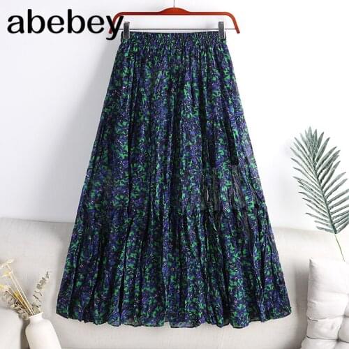 2021 summer new style all-match retro pleated print slit drape is thinner mid-length half-length skirt women
