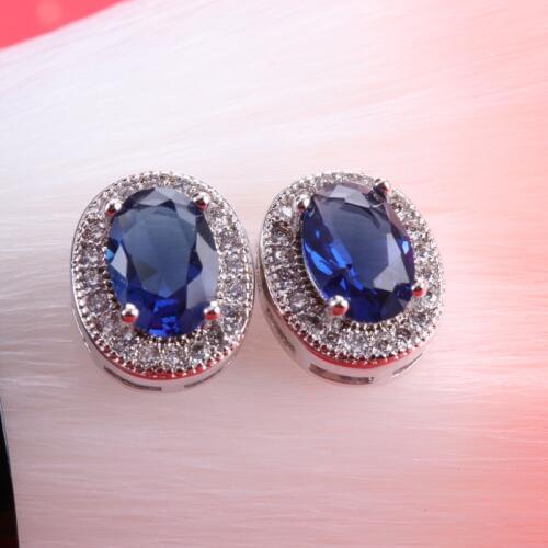 Buyee 925 Silver Stud Earrings Women Blue Elegant Atmosphere Oval Stone Ocean Heart Earrings for Women Wedding Party Jewelry