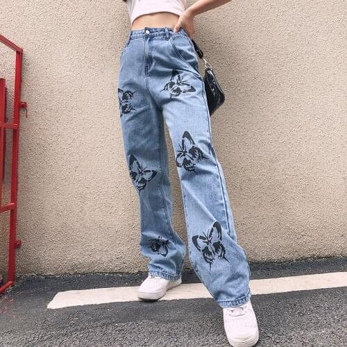 Jeans 2020 Women Loose Jeans High Street Sexy High Waist Print Long Straight Pants Streetwear Slim Baggy Trousers
