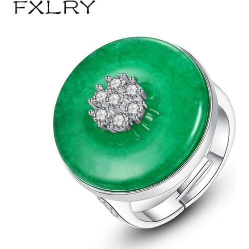 FXLRY Vintage Resizable Circular Ring for Women Wedding Dating Luxury CZ Green Main Stone adjustable ring