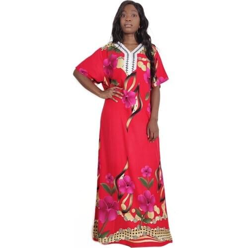 Dashikiage New Arrivals Embroidery Loose African Dresses for Women V Neck Autumn Floral Print Femme Clothes with Scarf