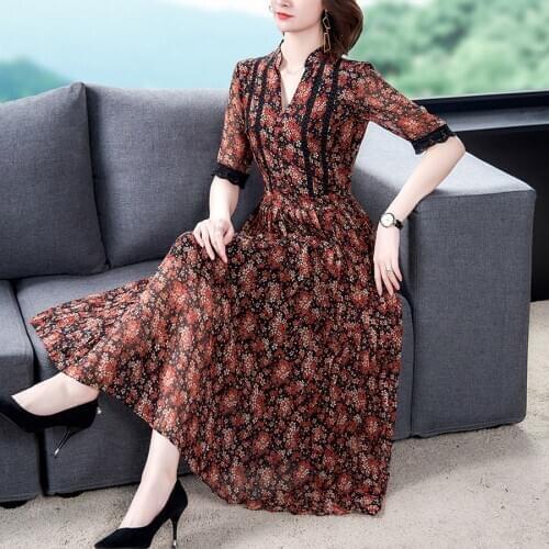 2021 Vintage Floral Chiffon Maxi Dress Spring Summer 3XL Plus Size Print Runway Midi Dress Elegant Women Bodycon Party Vestidos
