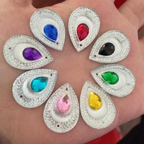 50pcs Resin 18*25mm Sapphire Peacock eye Drop Crystal Flatback Rhinestone 2 Hole Applique DIY Wedding Craft Ornaments SC81A