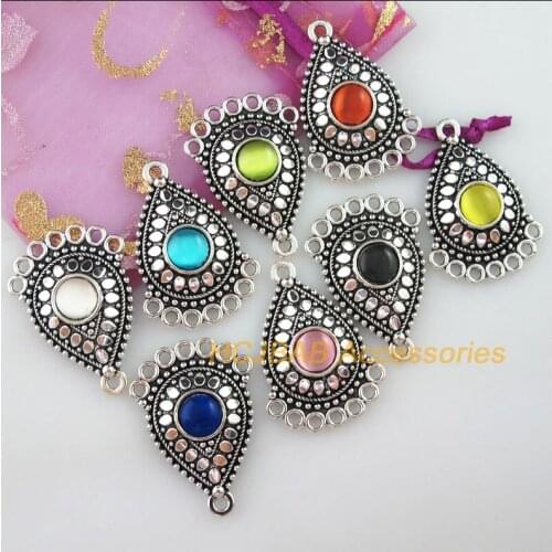8 New Teardrop Charms Tibetan Silver Tone Retro Mixed Cat eye Stone Connectors 25.5x36mm