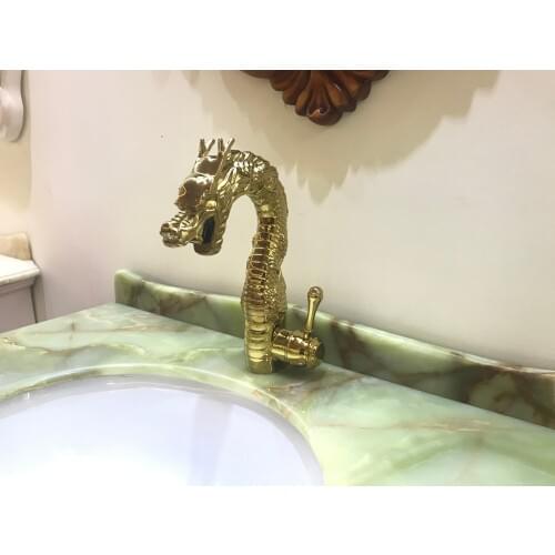 Free shipping Gold finish Single hole bathroom basin Lavatory sink dragon faucet Deck mounted