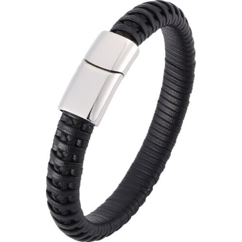 Black Braided Leather Rope Bracelet for Men Jewelry Punk Steel Magnetic Clasp Bracelet Handmade Male Wristband PD0402