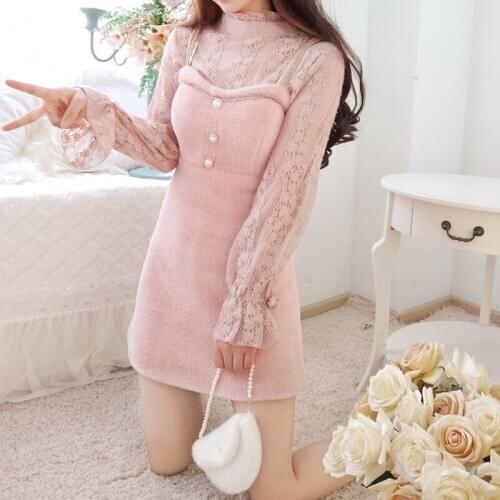 Elegant Women Stitching Lace And Mink Fur Warm Winter Dress 2pcs Set Slim Women Dresses 2021 Spring New