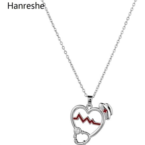 Hanreshe Heart Stethoscope Pendant Necklace Medical Cross Crystal Charm Stainless Steel Metal Silver Color Necklace Jewelry