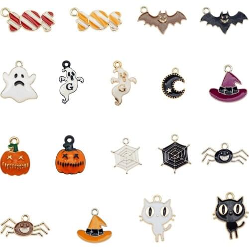 Julie Wang 18PCS Cartoon Halloween Decor Charms Mix Enamel Candy Pumpkin Pendant For Earrings Jewelry Making Accessory Craft DIY