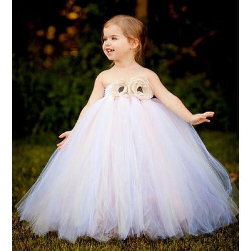 Beautiful Girls White Tutu Dress Kids Fluffy Crochet Long Tulle Tutus Ball Gown with Peony Flower Children Wedding Party Dresses