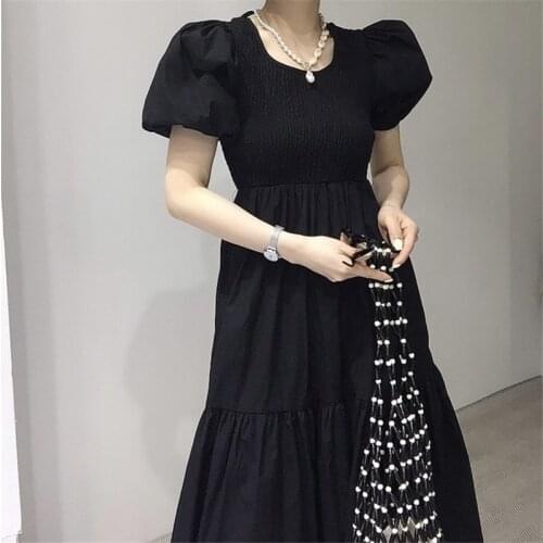 Summer Womens Dress Round Neck High Waist Korean Style Puff Sleeve Dresses