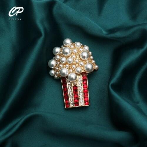 Summer Cute Popcorn Brooch Ins Trendy Ruby Rhinestone Pearl Brooches Pin Accessories