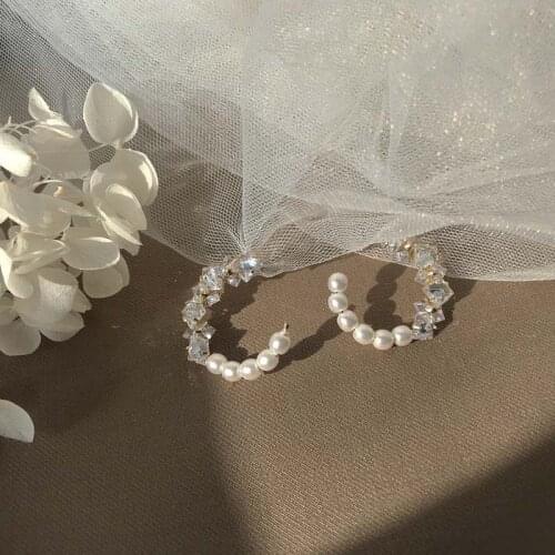 MENGJIQIAO New Korean Elegant Pearl Circle Crystal Hoop Earrings Fashion C Shaped Zircon Boucle D'oreille Girls Party Jewelry