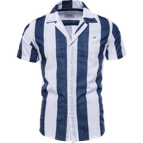 100% Cotton Striped Linen Shirt Men Short-sleeved Fashion Suit Collar Beach Shirt for Men 2021 New Men Summer Shirts