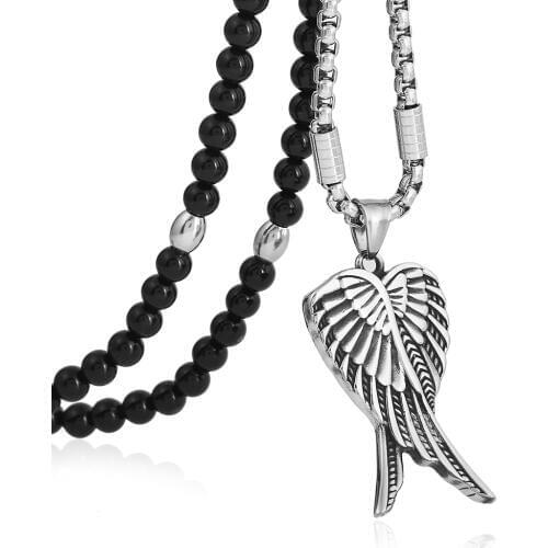 Mens 316L Stainless Steel Angel Wings Pendant Necklace with Black Natural Stone Chain 26"