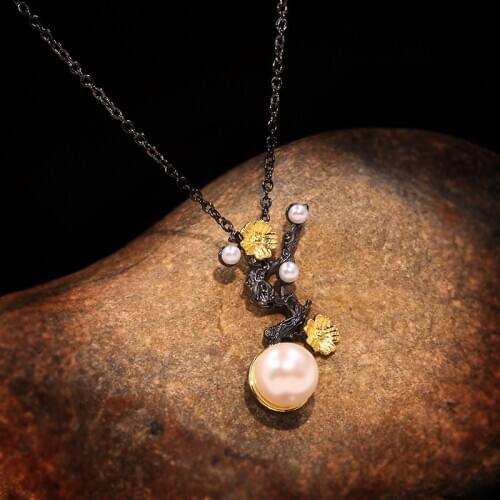 Original Design Baroque Pearl Flower Pendant Necklace for Women 925 Sterling Silver Luxury Vintage Sweater Chains Chokers