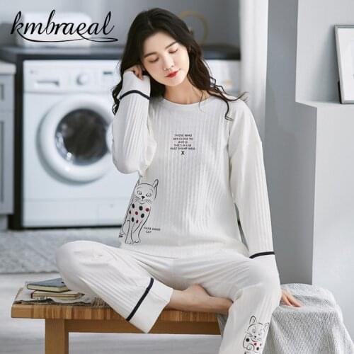 Pajamas for Women Cotton Korea Autumn Long-Sleeved Trousers 2 Piece Homewear cartoon Cat Comfortable Sleepwear Plus Size M-3xl