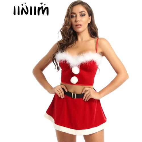 Christmas Women Skirts Flannel Outfits Costume Faux Fur Fluffy Ball Red Underwired Bra Crop Top with Elastic Waistband Miniskirt