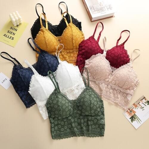 Women Fashion Wireless Bra Padded Bralette V Lace Bras Summer Crop Top Embroidery Floral Tank Top Seamless Breathable Push Up