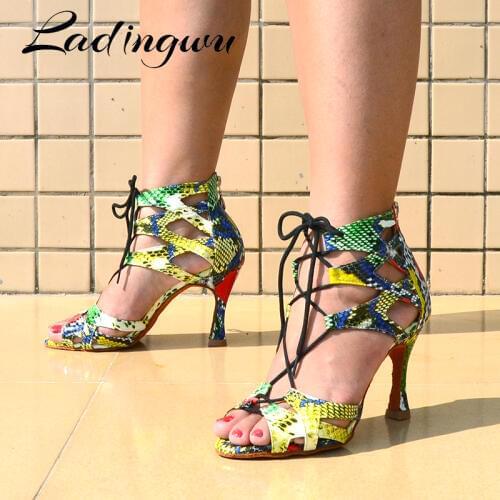 Ladingwu Ladingwu Dance Shoes Trend Snake texture Salsa Dance Shoes Womens Latin Shoes Dance Boots Wide and narrow adjustment