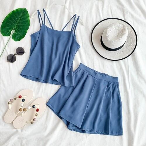 Women Fashion Solid Color Sexy Spaghtte Strap Short Top + Elastic Waist Shorts 2 Piece Sets Black/Blue/Apricot/Pink/Yellow/Red