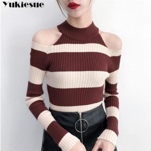 Off shoulder striped sweater woman winter 2019 womens sexy skinny sweater shirt ladies pullover sweaters for women