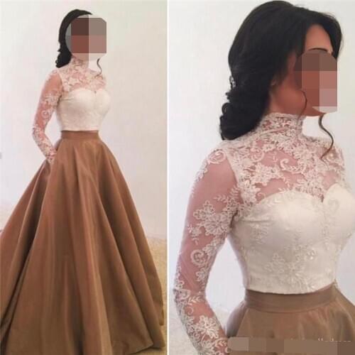 Vintage High Neck Lace Top Puffy Skirts Long Sleeves Evening Dress 2019 Pocket Prom dresses Custom robe de soiree formal dress