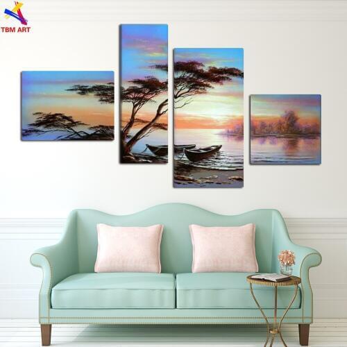 4pcs Lake Boat Picture Wall Art Painting Gift 100%l Handmade Modern Abstract Oil Painting On Canvas Wall Art Home Decor JYJLV154