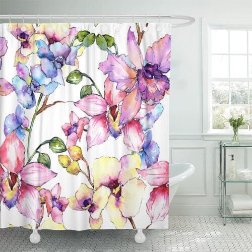 Wildflower Orchid Flower Pattern in Watercolor Full Name Waterproof Polyester Fabric Shower Curtain 72 x 78 inches Set with Hook