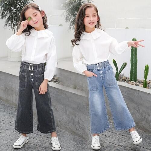 Childrens Clothing Spring Autumn Boutique Wide-leg Pants Suit Girls White Shirt + Jeans 10 12 Years Kids Christmas Clothes Sets