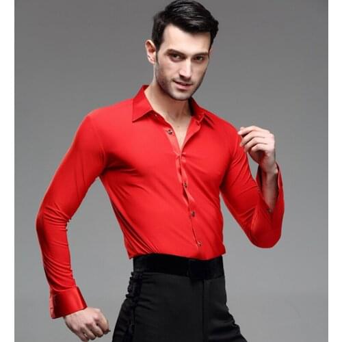 Men Red Ballroom Latin Shirt New Adult Long Sleeve Party Jazz Tango Rumba Samba Modern Dance Salsa Shirt Tops
