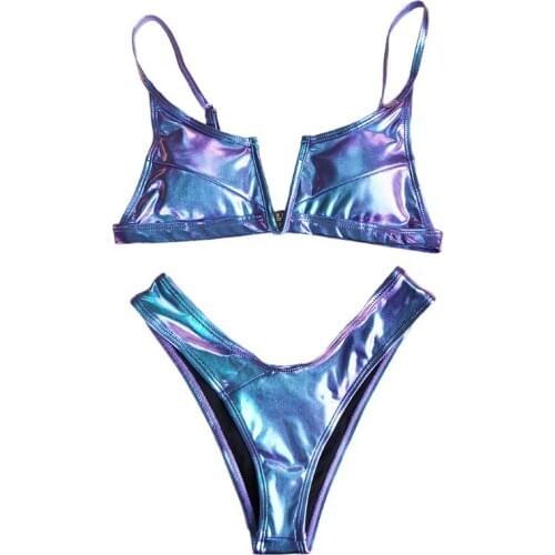 Women Sexy Bikini Faux Leather Metallic Swimsuit Split V-Neck Colorful Beachwear A0NF