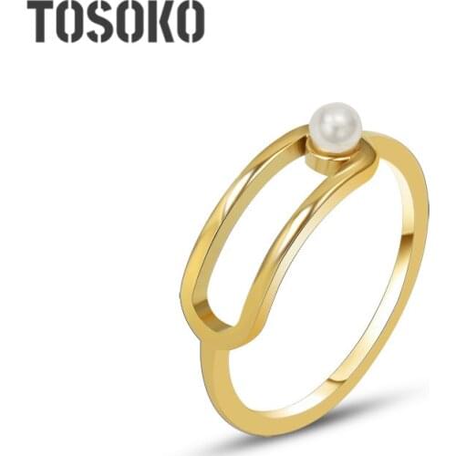 TOSOKO Stainless Steel Jewelry Ins No Fade Geometric Loop Pearl Ring Lady Elegant Ring BSA201