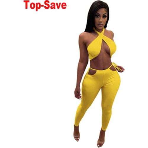 Birthday Two Piece Set Women Summer Sweat Suits Halter Crop Top Bandage Hollow Pencil Pants Sexy Night Club Outfits Matching Set