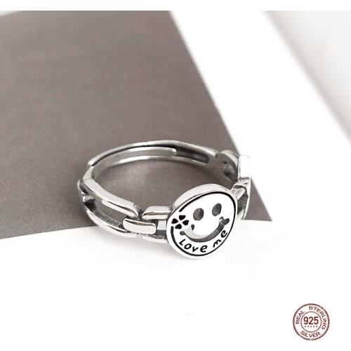 LKO Vintage Star Smiling Face 925 Sterling Silver Open Rings For Lovers Adjustable Chain Ring Fashion Punk Style Jewelry