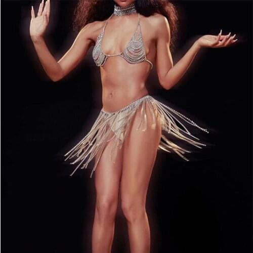 Fashion Sexy Full Rhinestone Body Chain For Women Beach Bikini Crystal Bra and Thong Harness Lingerie Tassel Dance Skirt Jewelry