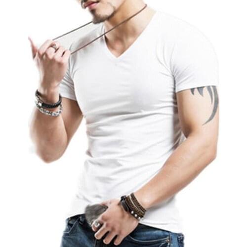 Men Plus Size Summer Basic Top Solid Color Short Sleeve V Neck Slim T-Shirt